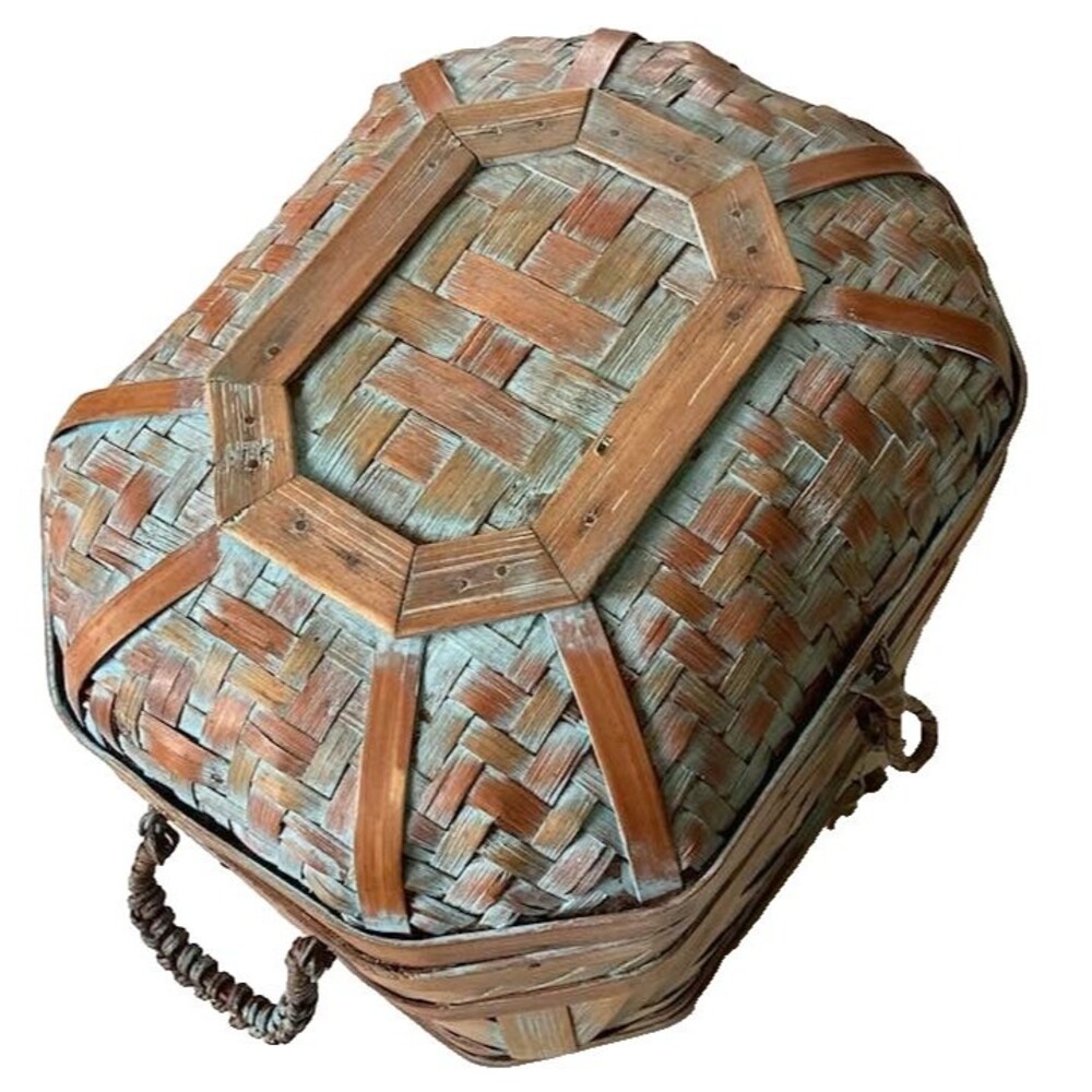 Chinese Woven Rattan Chest Basket Storage Lid Wedding Handle Decor Blue Washwash - Picture 5 of 12
